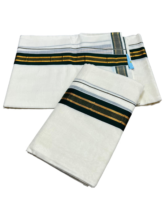 Southloom Kerala Cotton Single Set Mundu (Mundum Neriyathum) with Kasavu and Dark Green Border  SLKK SL470