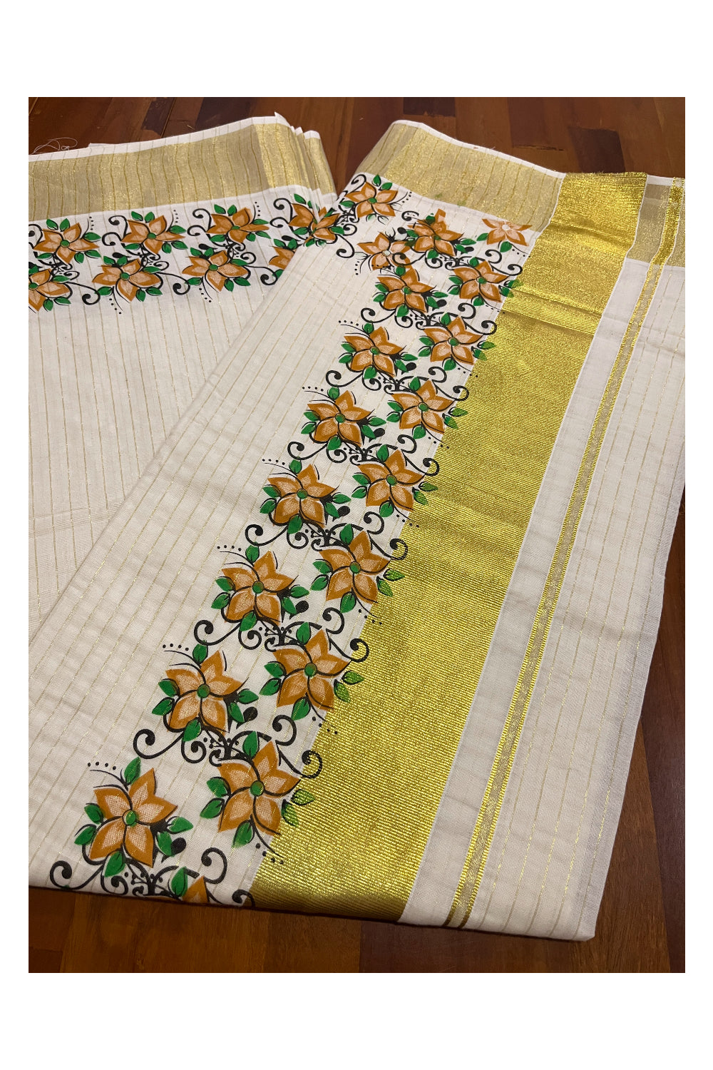 Southloom Onam 2023 Special Yellow Floral Printed Lines Kasavu Saree