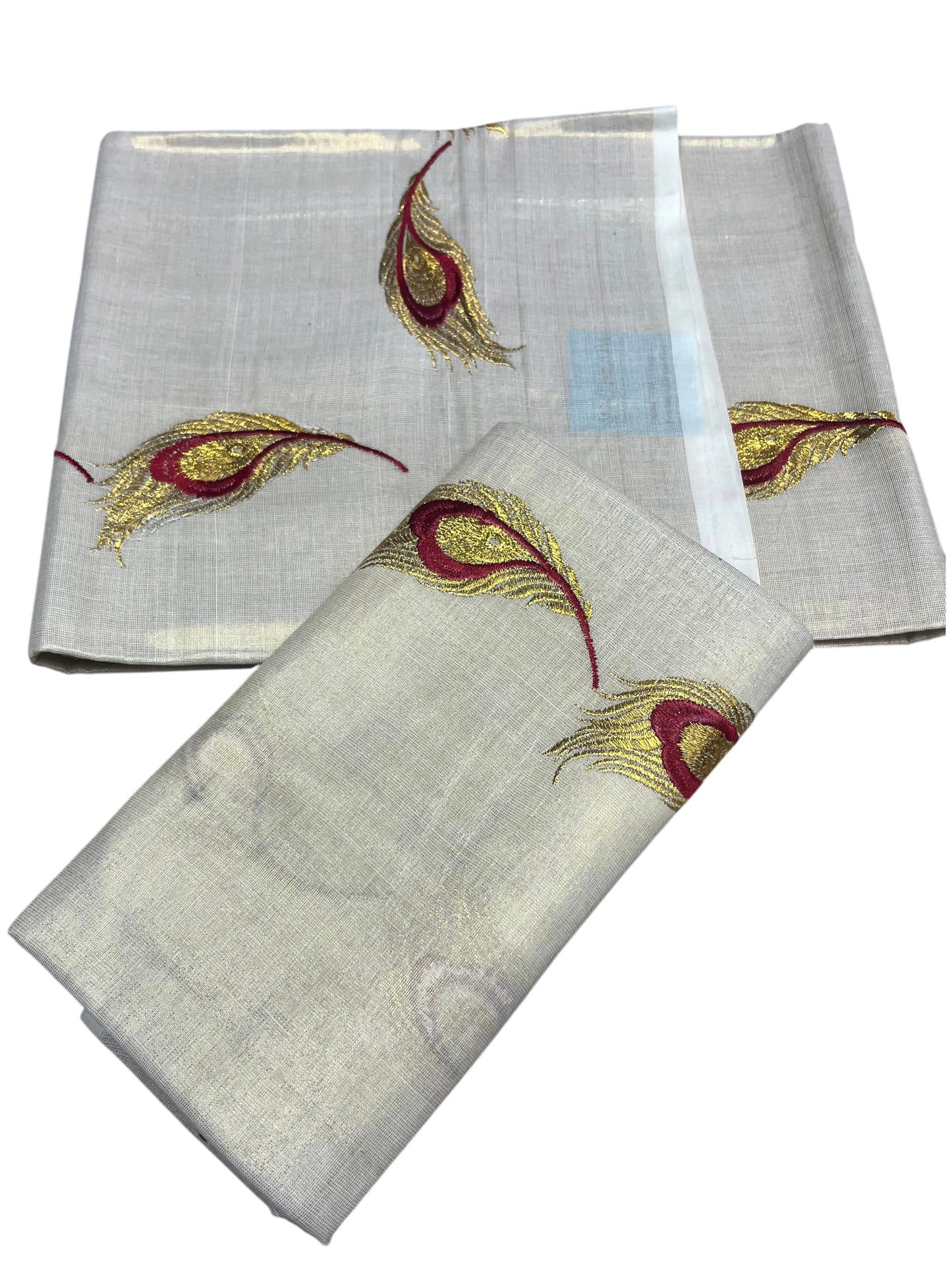 Southloom Kerala Tissue Kasavu Single Set Mundu (Mundum Neriyathum) Red and Golden Feather Embroidery Work