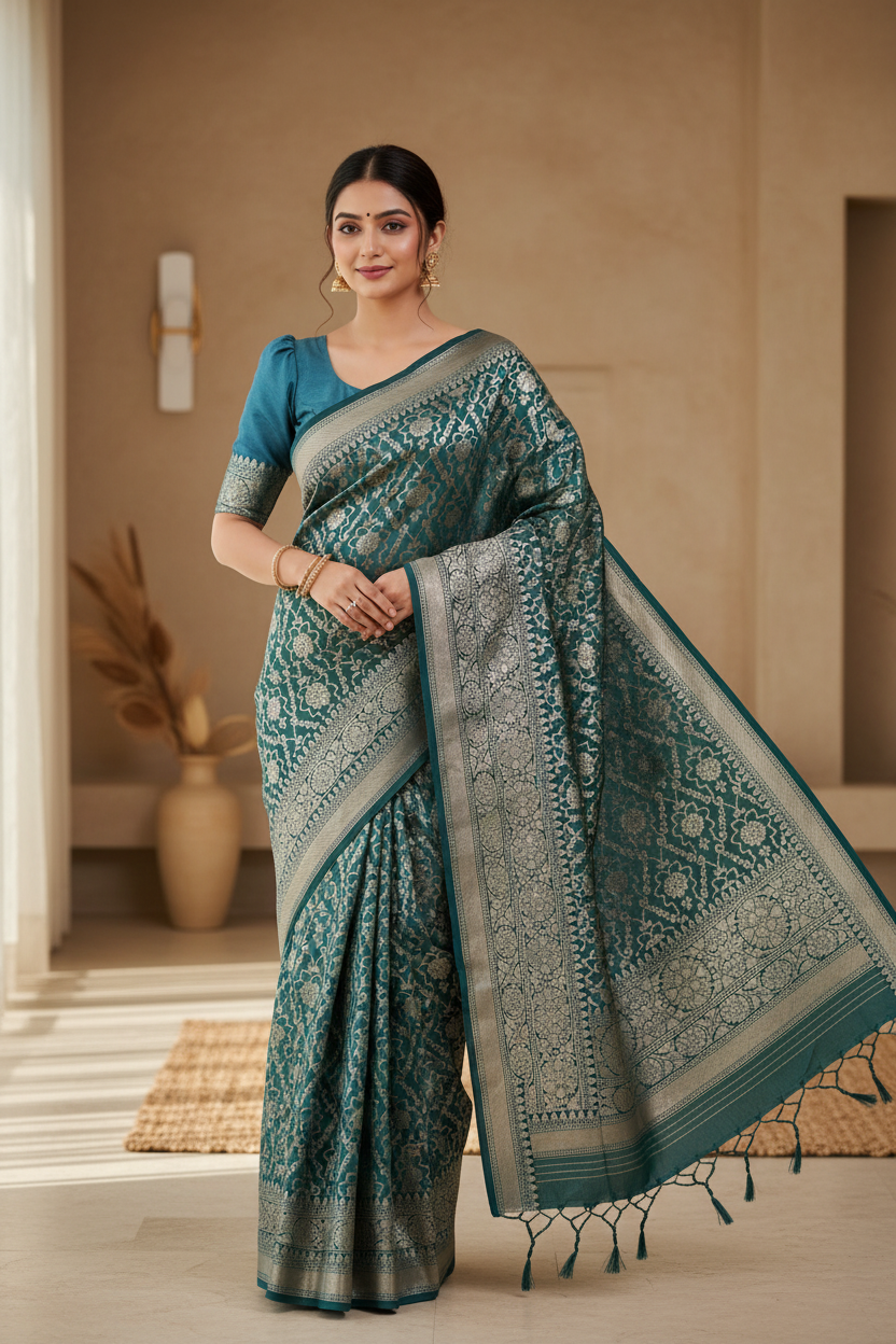 Southloom Pure Banarasi Silk Saree with Woven Work on Body and Borders (Blue)