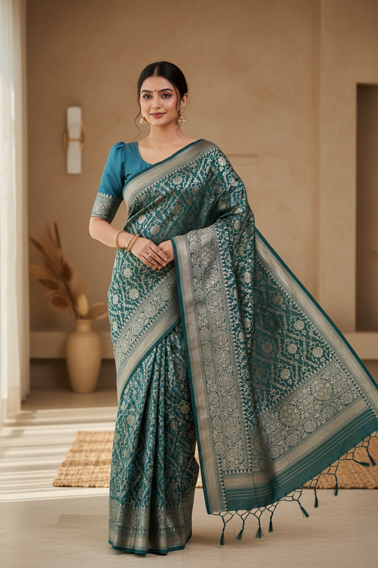 Southloom Pure Banarasi Silk Saree with Woven Work on Body and Borders (Blue)