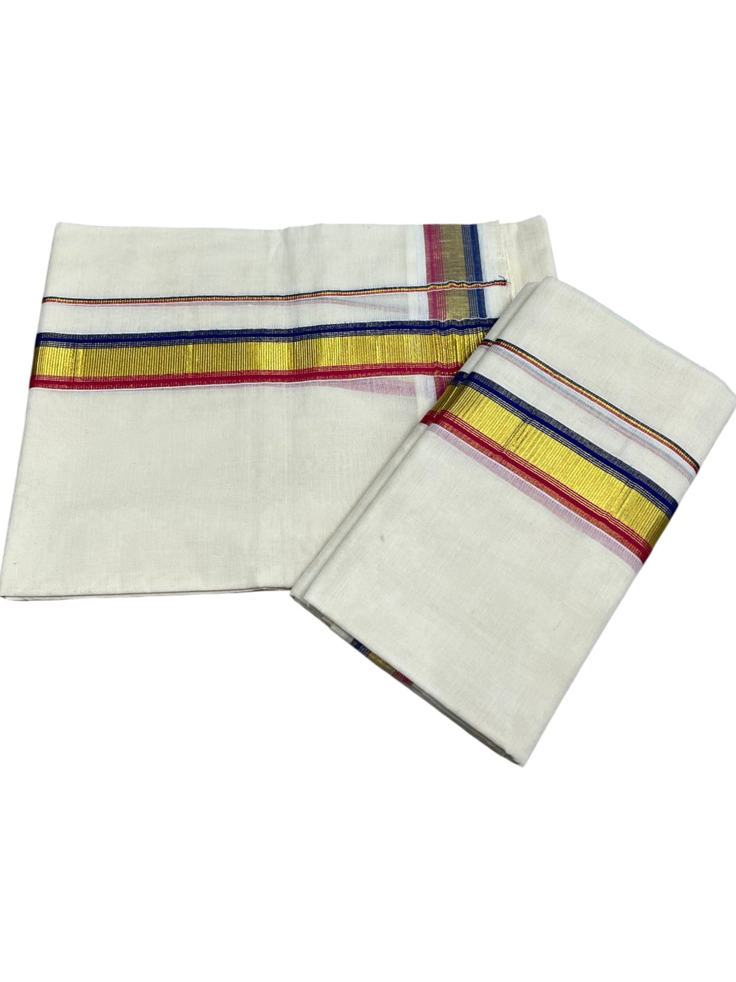 Kerala Cotton Set Mundu (Mundum Neriyathum) with Kasavu and Blue &Dark Pink Border 2.80 Mtrs SLKK SL470