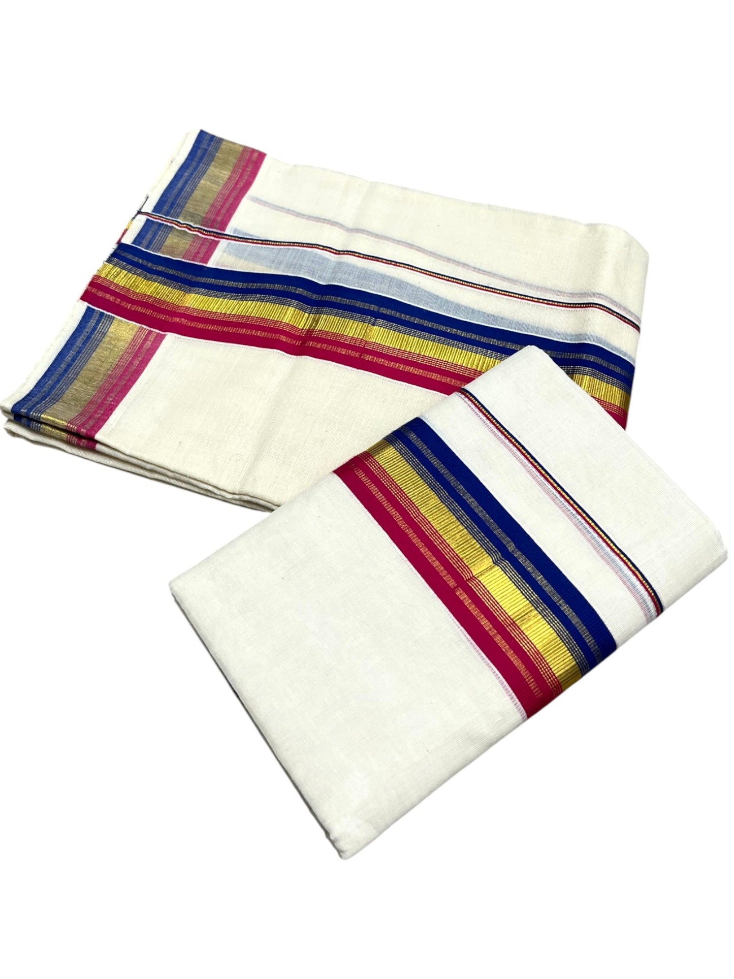 Southloom Kerala Cotton Kasavu Single Set Mundu (Mundum Neriyathum) with Blue and Magenta Kasavu Border SLKK SL480