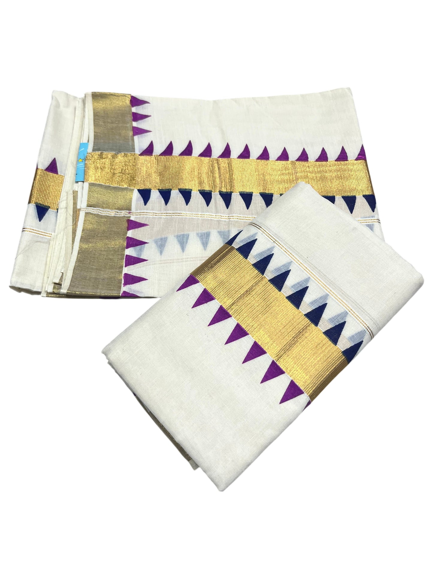 Southloom Kerala Cotton Kasavu Single Set Mundu (Mundum Neriyathum) with Magenta  And Blue Temple Design Border SLKK
