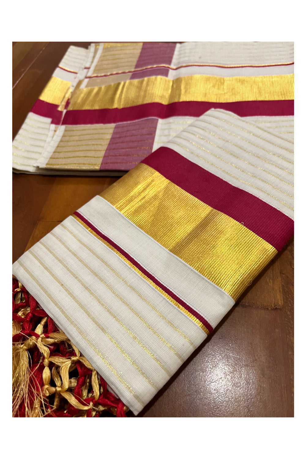 Pure Cotton Kerala Set Mundu with Kasavu Lines on Body Maroon Border and Tassels Designs 2.80 Mtrs