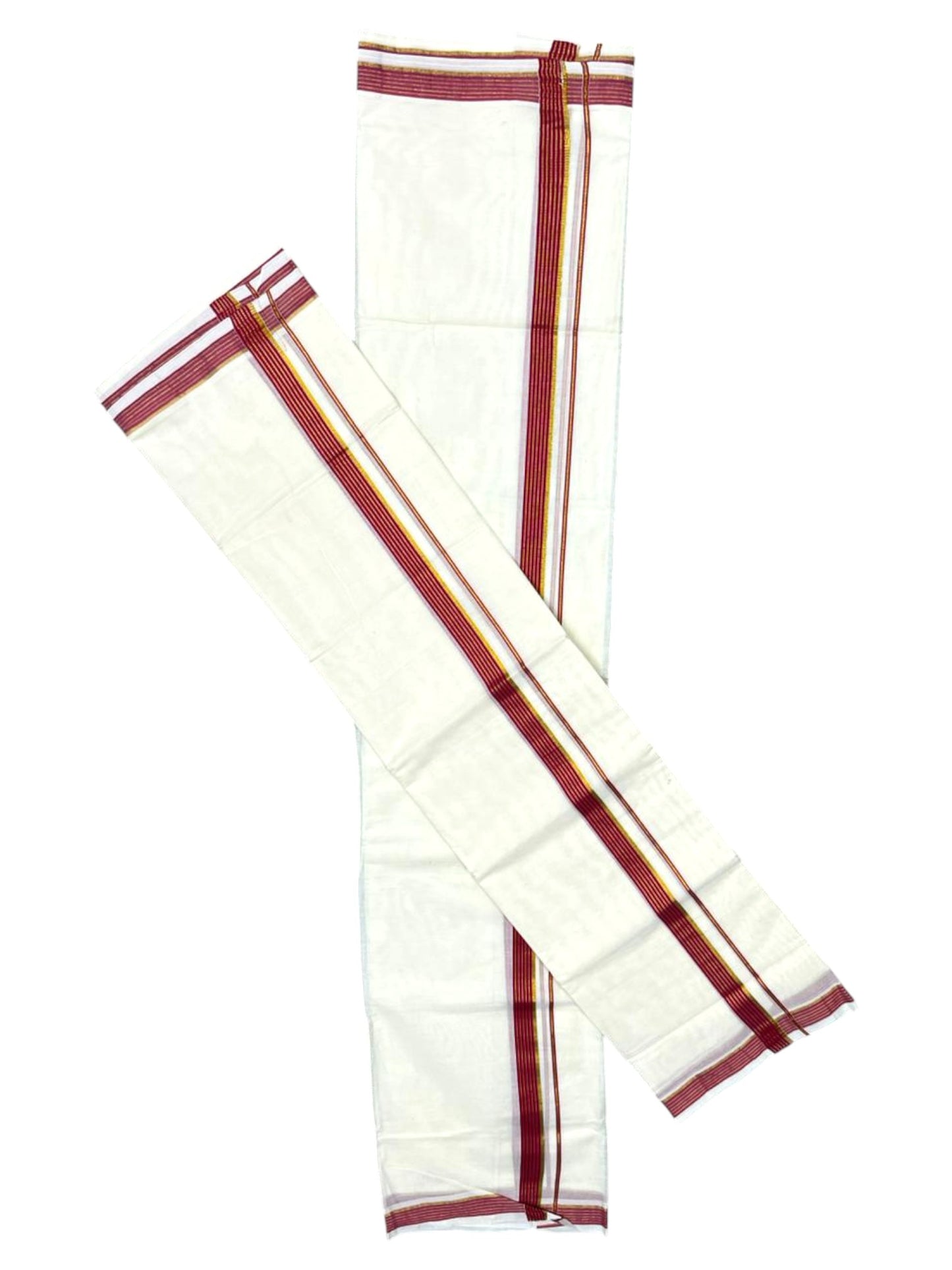 Pure Cotton Kerala Single Set Mundu (Mundum Neriyathum) with Magenta Kasavu Border in 2.80 Mtrs