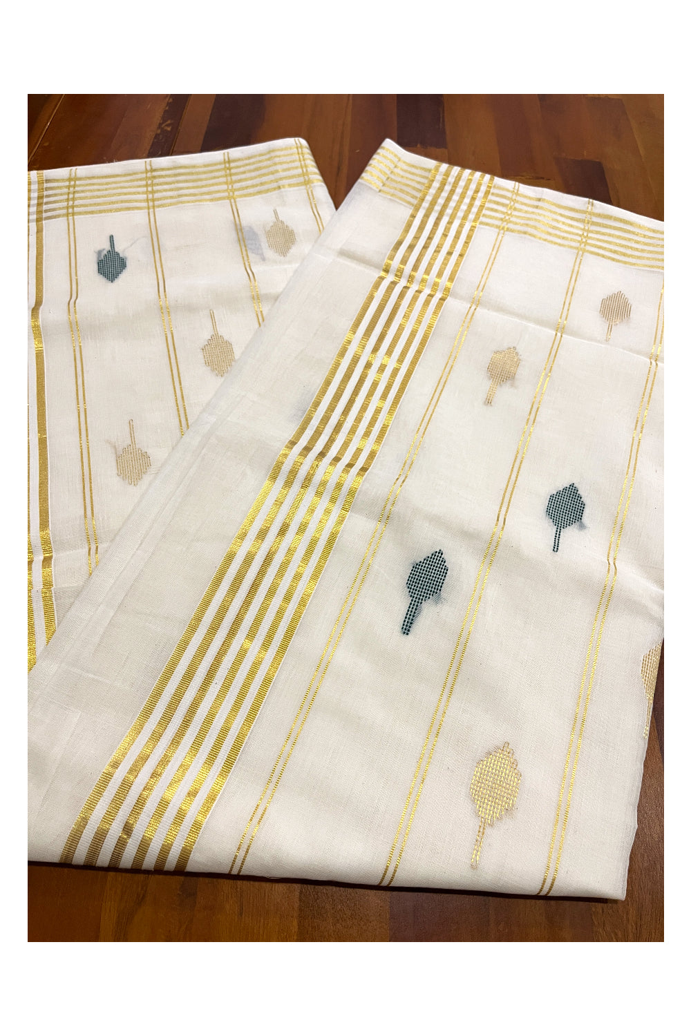 Southloom Premium Handloom Cotton Kerala Saree with Golden and Green Butta Works