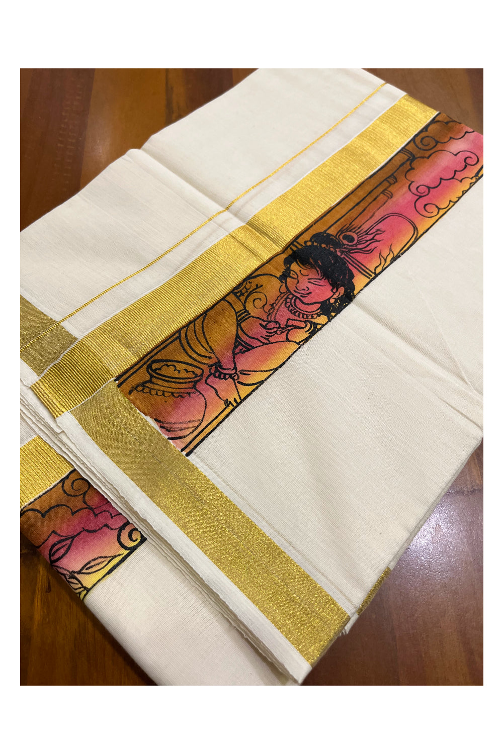 Kerala Pure Cotton Double Mundu with Mural Hand Painted Design on Kasavu Border (South Indian Kerala Dhoti)