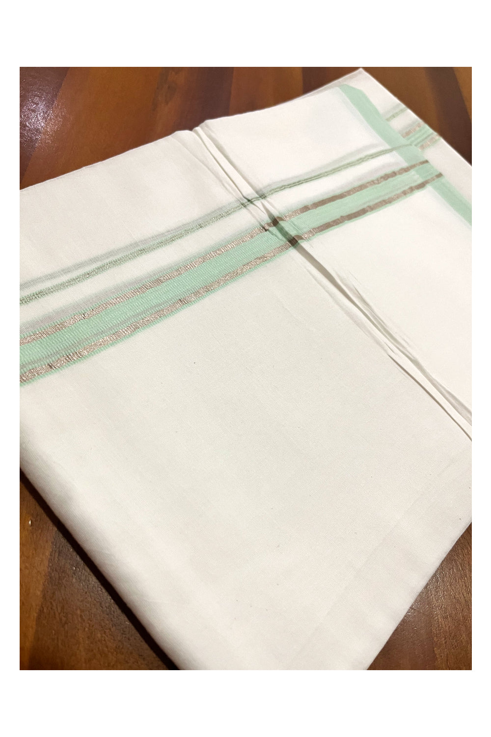 Pure White Kerala Double Mundu with Silver Kasavu and Light Green Kara (South Indian Kerala Dhoti)