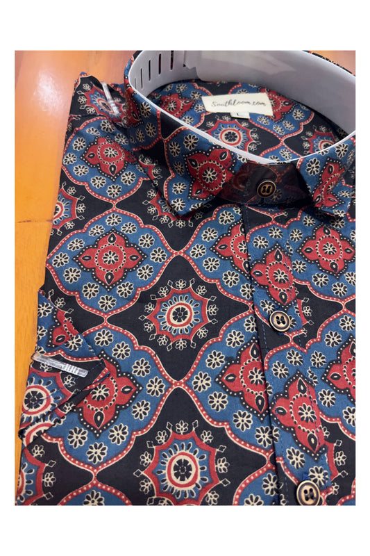 Southloom Jaipur Cotton Blue Red Hand Block Printed Shirt (Half Sleeves)