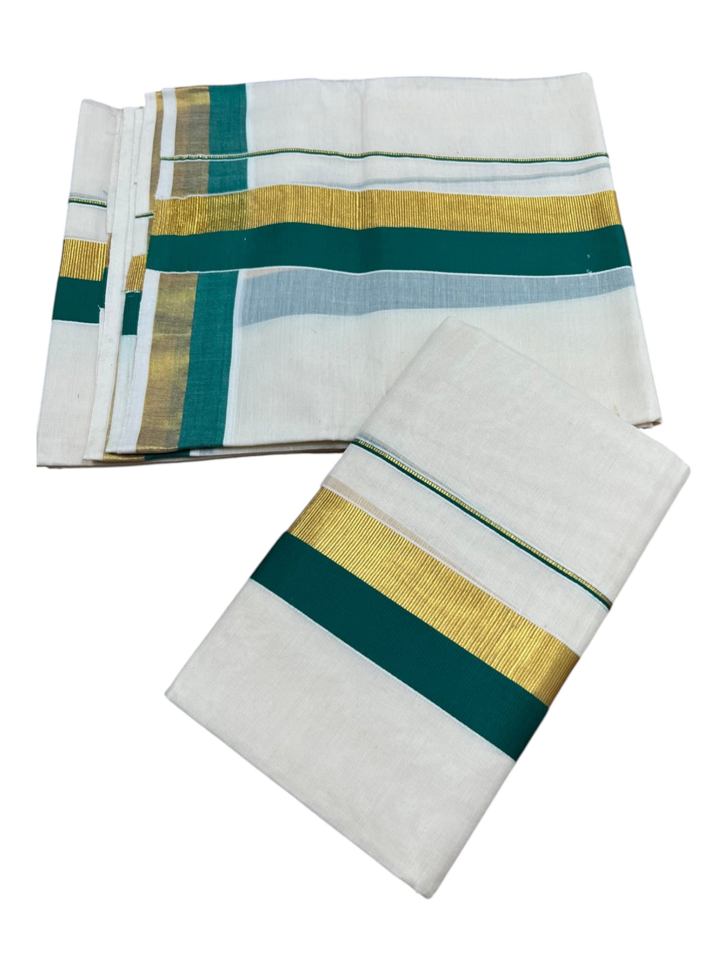 Kerala Cotton Set Mundu (Mundum Neriyathum) with Green and Kasavu Border 2.80 Mtrs