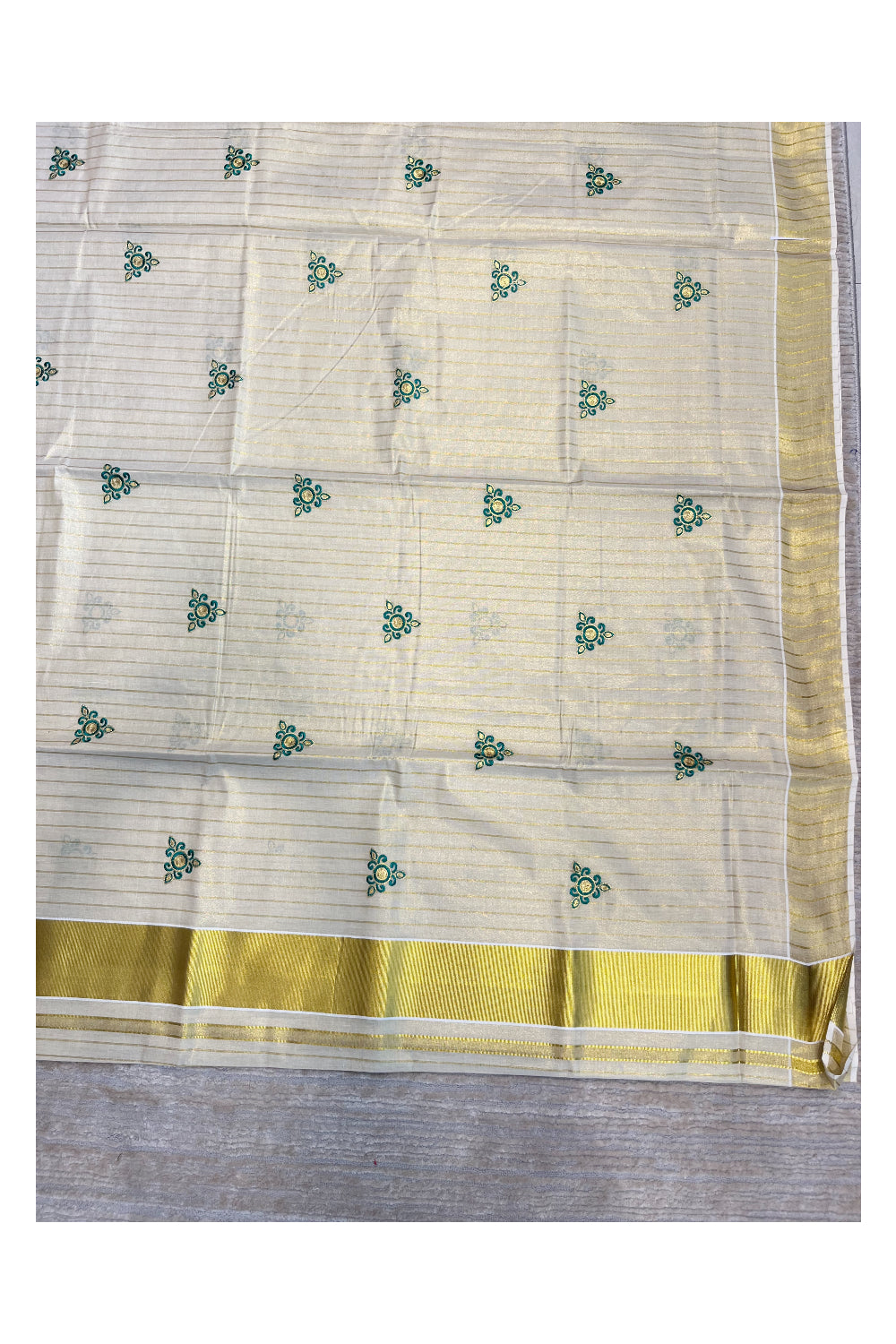 Southloom Kerala Tissue Kasavu Lines Saree with Green Embroidery Works