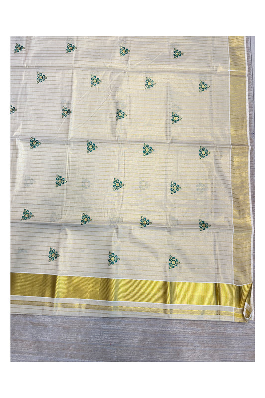 Southloom Kerala Tissue Kasavu Lines Saree with Green Embroidery Works