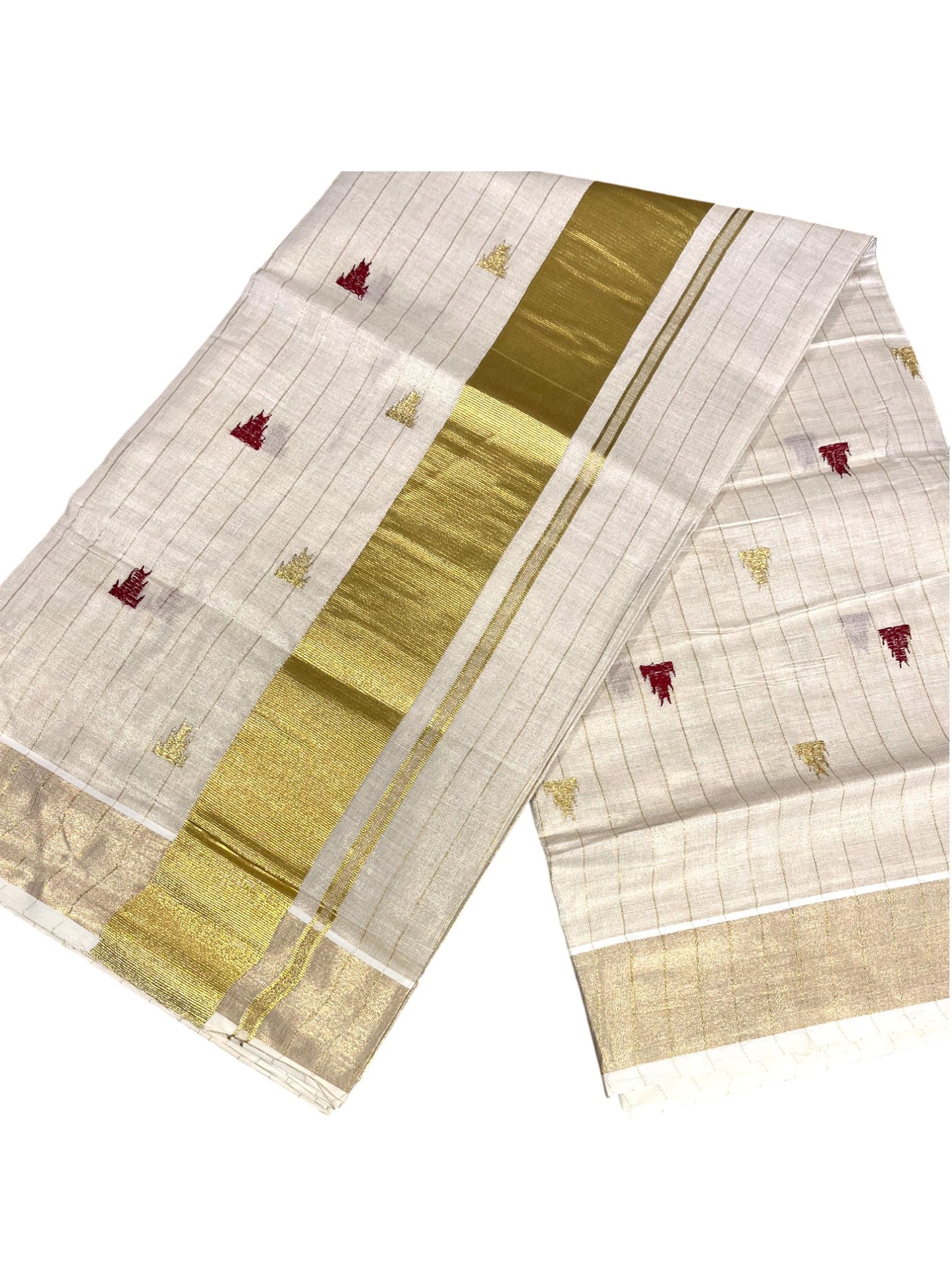 Southloom Kerala Tissue Kasavu Stripes Saree With Maroon Temple Embroidery on Body