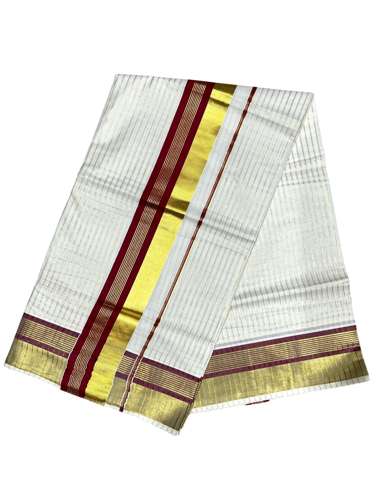 Southloom Pure Cotton Kerala Kasavu Lines Design Saree with Maroon Border