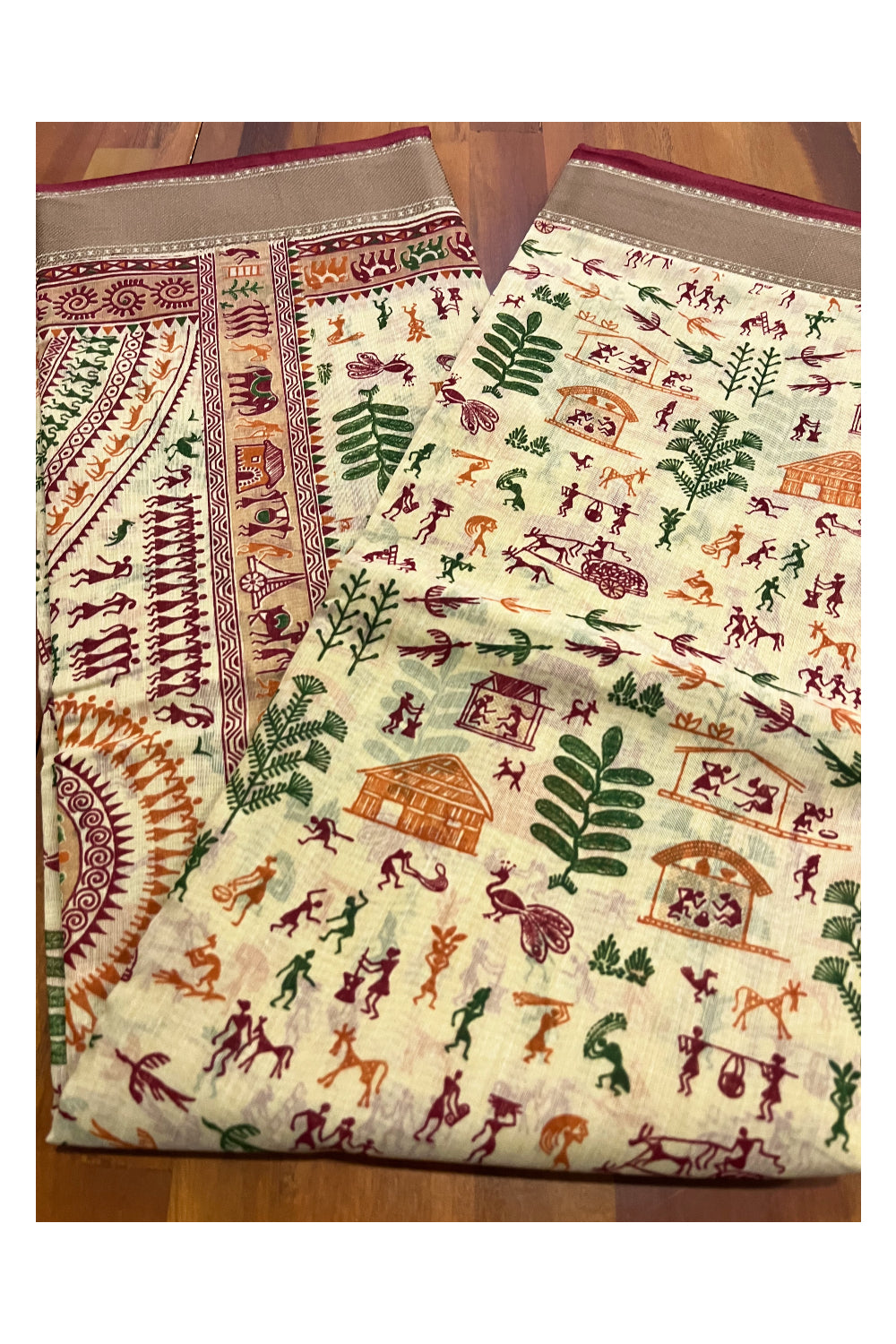 Southloom Cotton Light Brown Saree with Warli Art Printed Designs