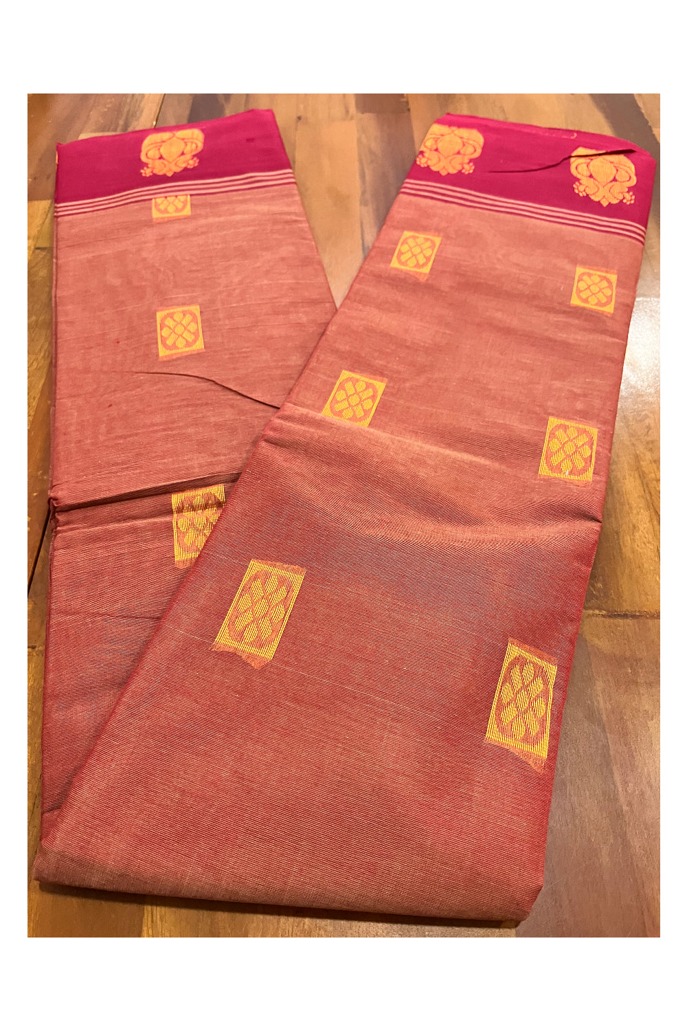 Southloom Cotton Brick Red Saree with Woven Butta Works on Body and Pallu