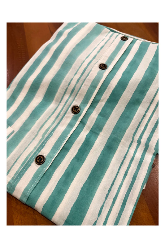 Southloom Jaipur Cotton Turquoise Lines Design Hand Block Printed Shirt (Half Sleeves)