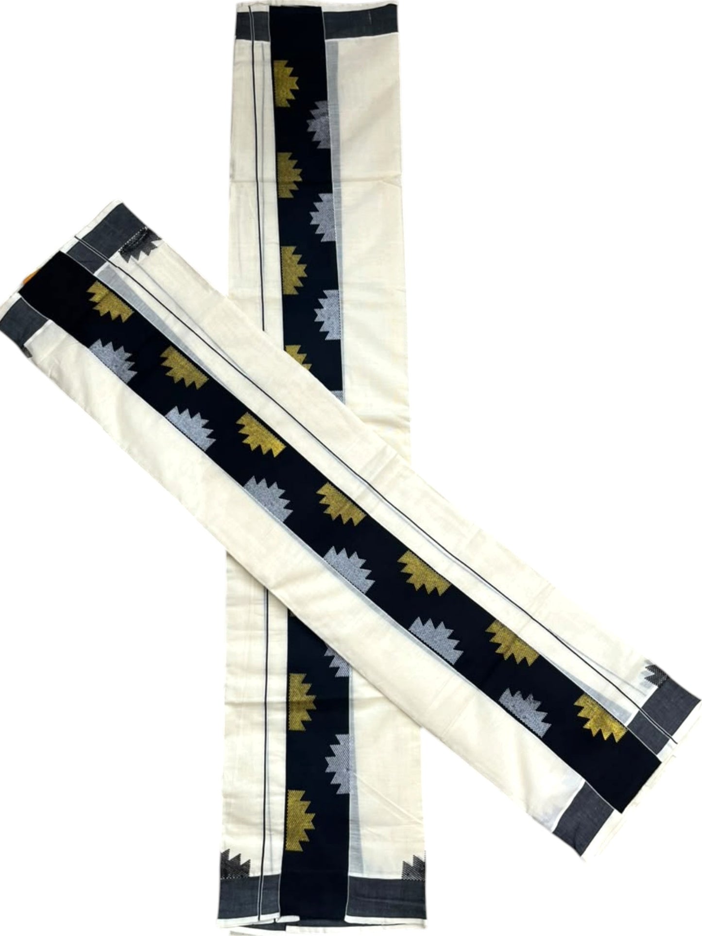 Southloom Pure Cotton Single Set Mundu (Mundum Neriyathum) Temple Design & Black Border