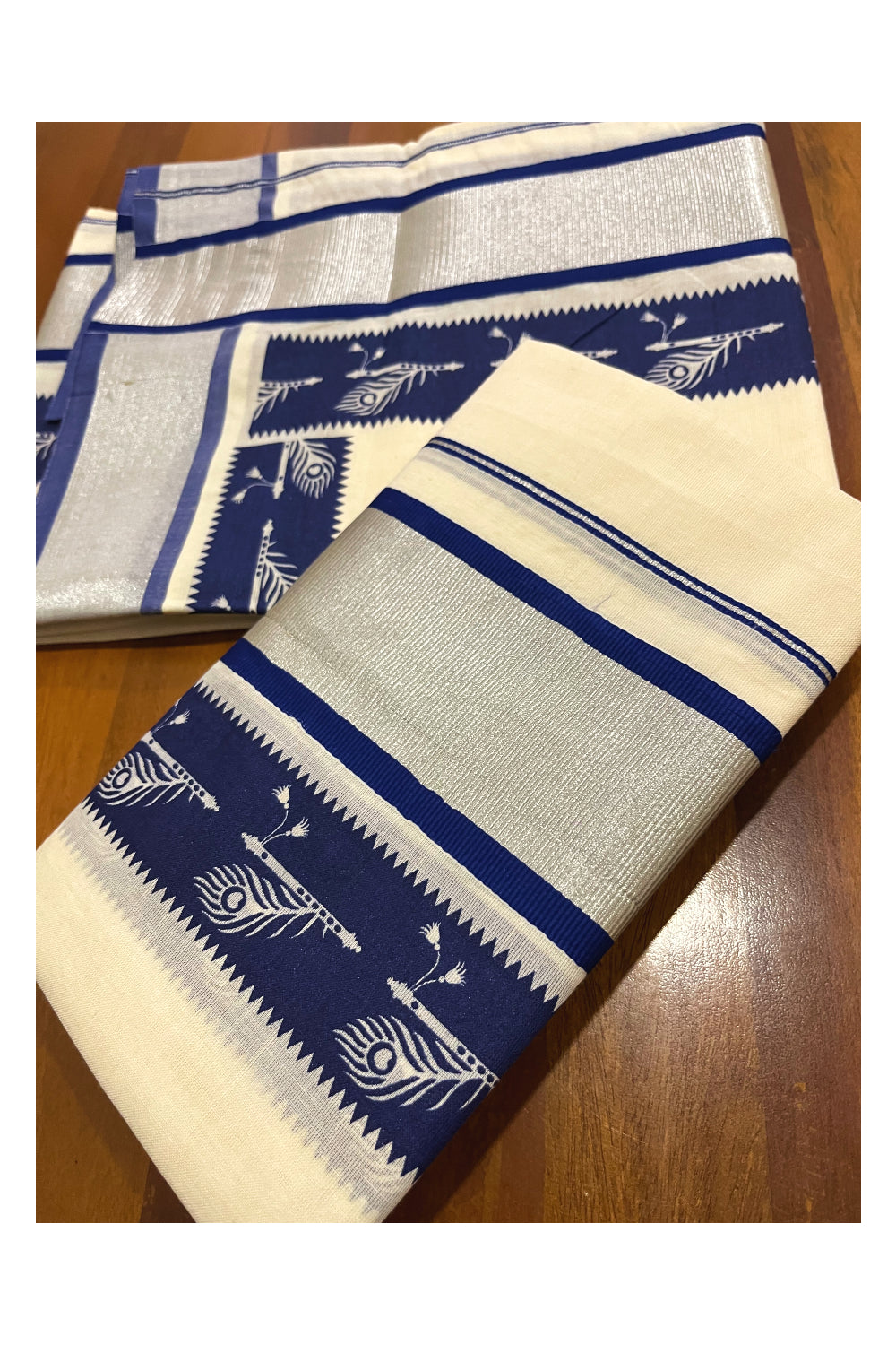 Pure Cotton Kerala Single Set Mundu (Mundum Neriyathum) with Blue Block Printed Silver Kasavu Border