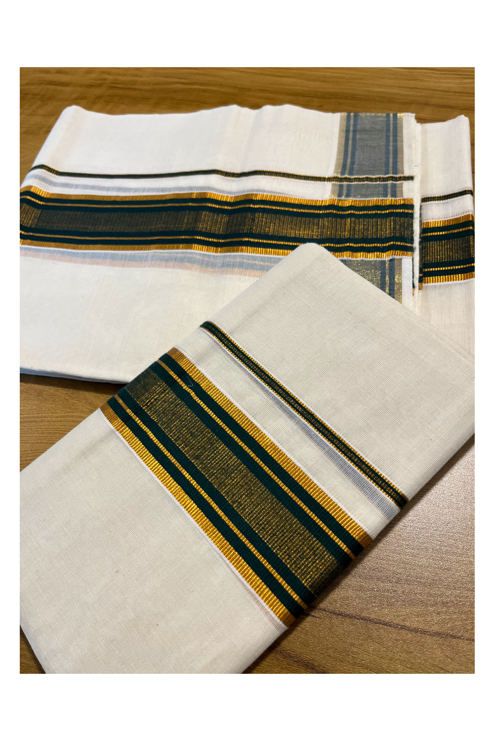 Kerala Cotton Set Mundu (Mundum Neriyathum) with Kasavu and Deep Green Border