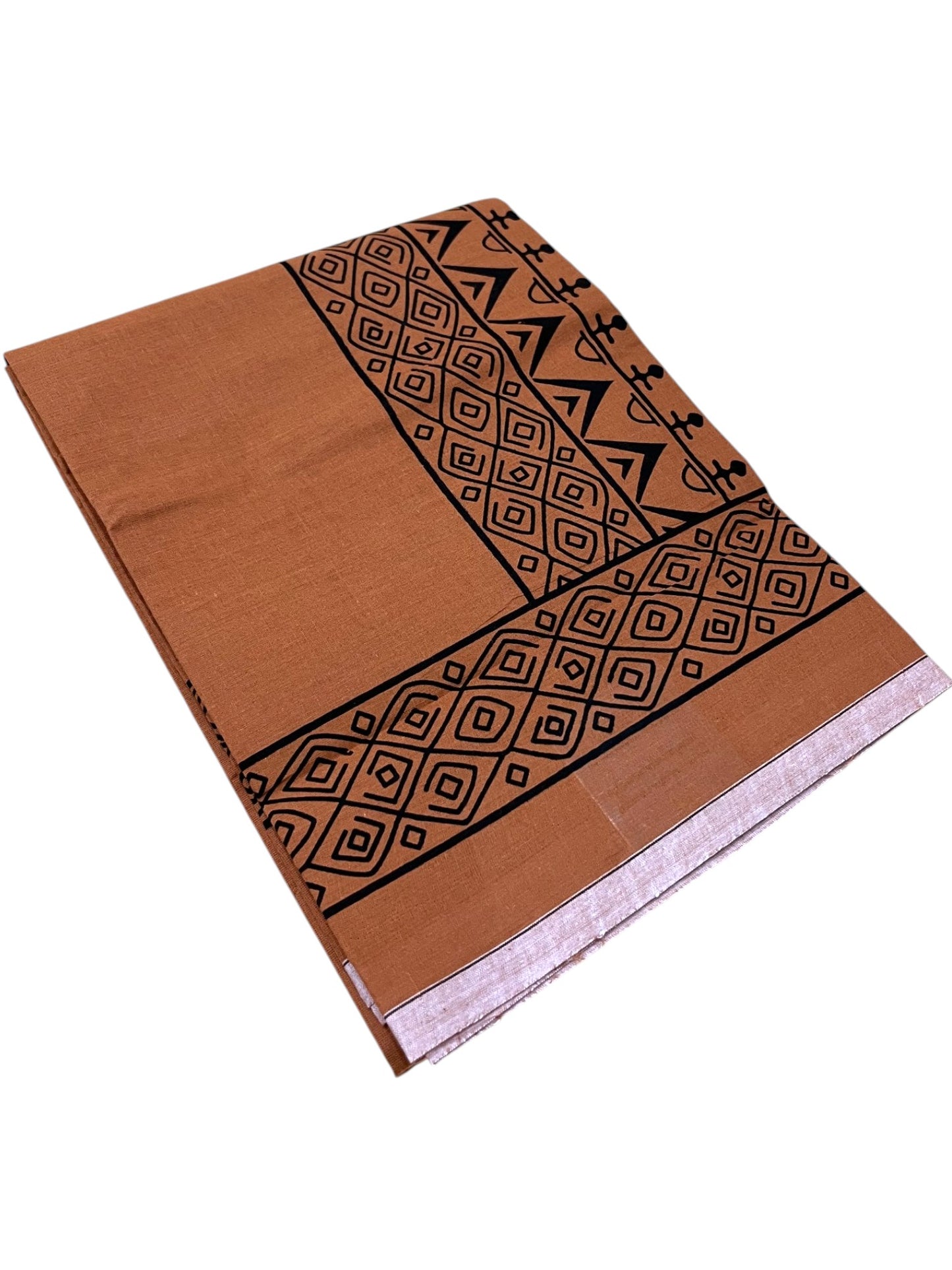 Southloom Saffron (Kaavi) Black Printed Single Mundu / Lungi (South Indian Kerala Dhoti) SL319