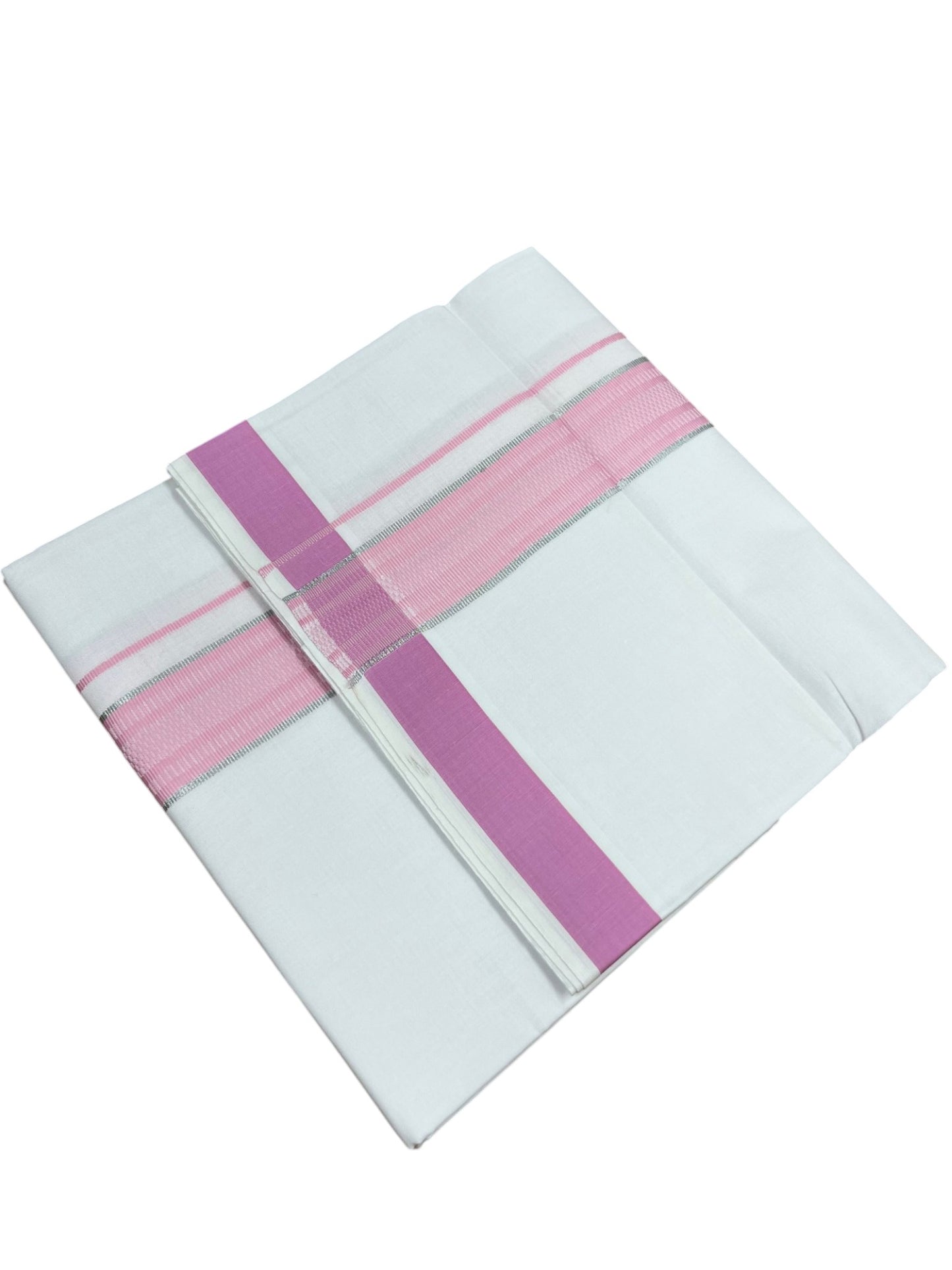 Southloom Pure White Cotton Mundu with Silver Line & Pink Border (South Indian Kerala Dhoti)