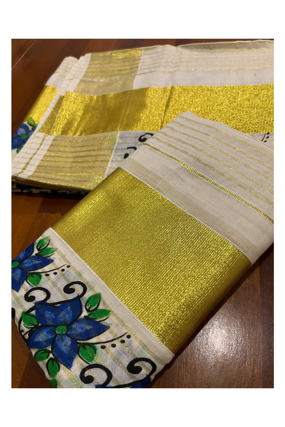 Kerala Cotton Set Mundu (Mundum Neriyathum) with Kasavu Lines Design on Body and Blue Block Printed Border 2.80 Mtrs (Onam Set Mundu 2023)