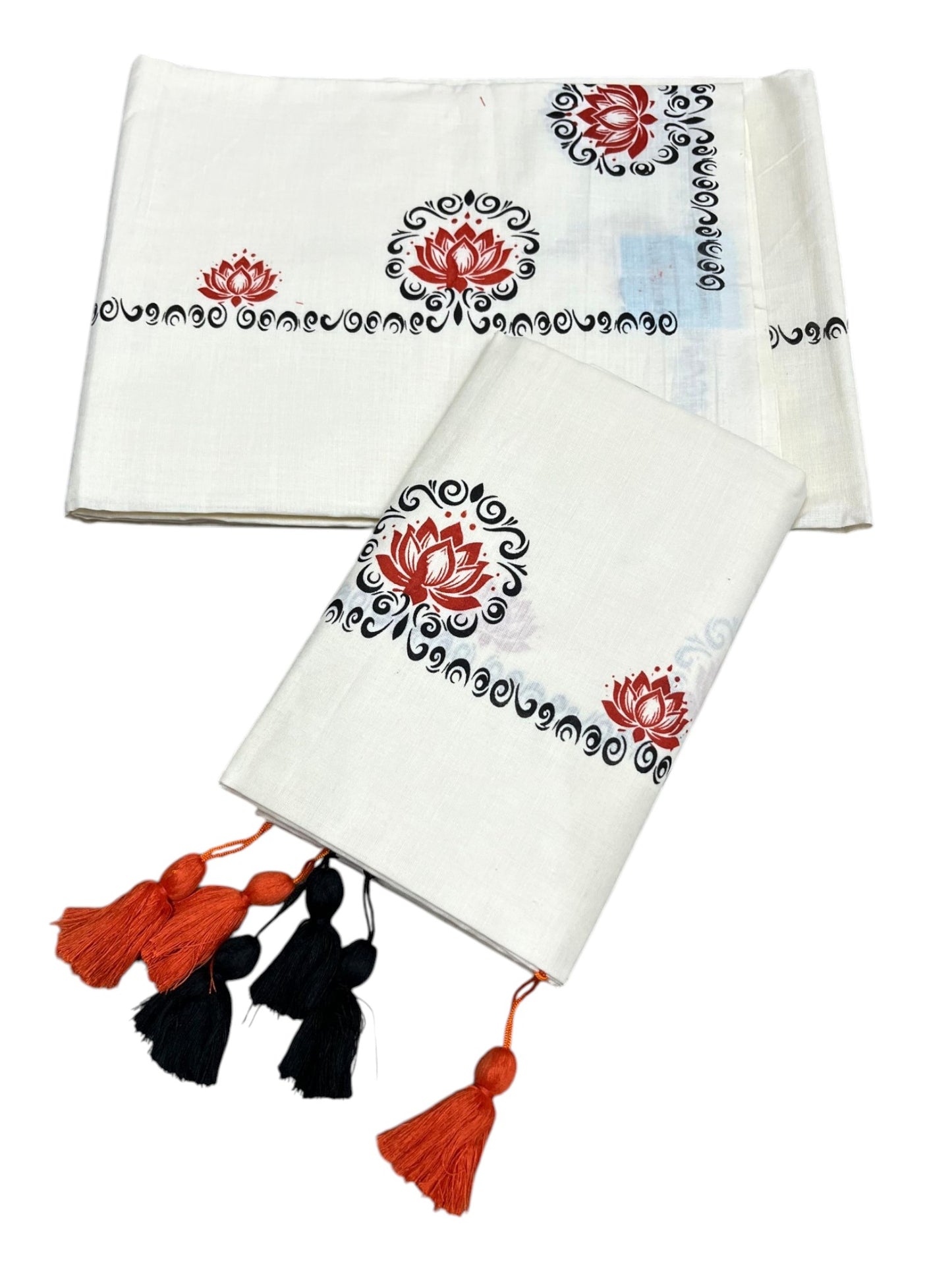 Southloom Kerala Cotton Single Set Mundu (Mundum Neriyathum) with Dark Orange &Black Lotus Block Printed Design