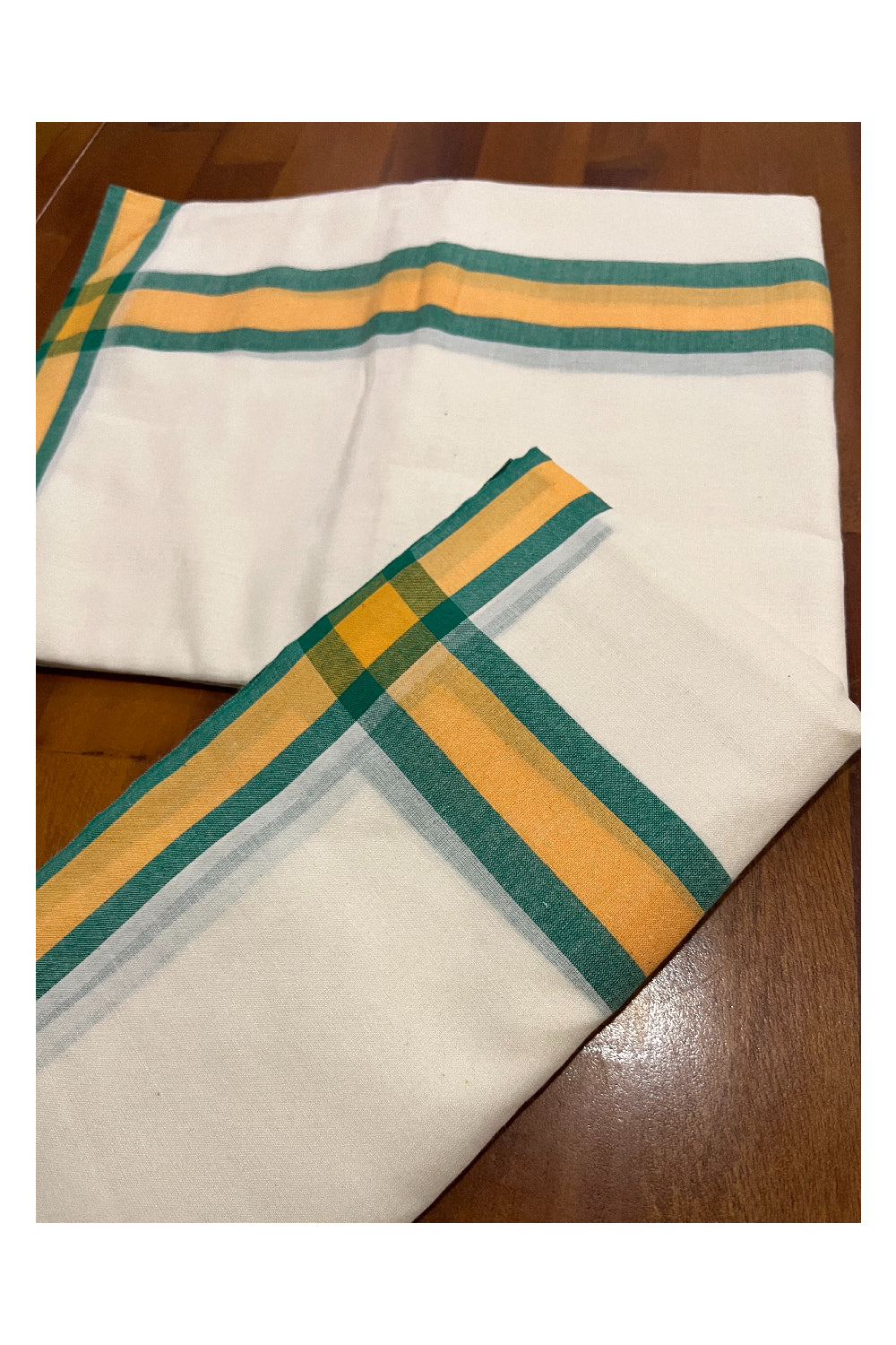 Kerala Mulloth Cotton Single Mundum Neriyathum with Orange Green Border (Extra Soft Cotton)