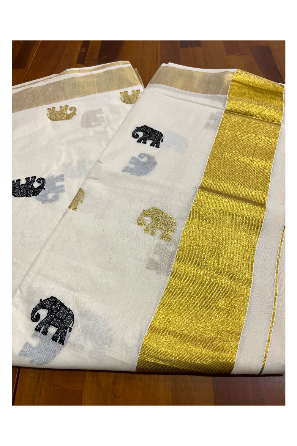 Kerala Cotton Kasavu Saree with Elephant Embroidery Works