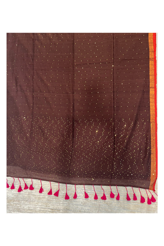 Southloom Mul Cotton 120 x 120 Soft Fabric Onam Saree in Brown with Sequins Work
