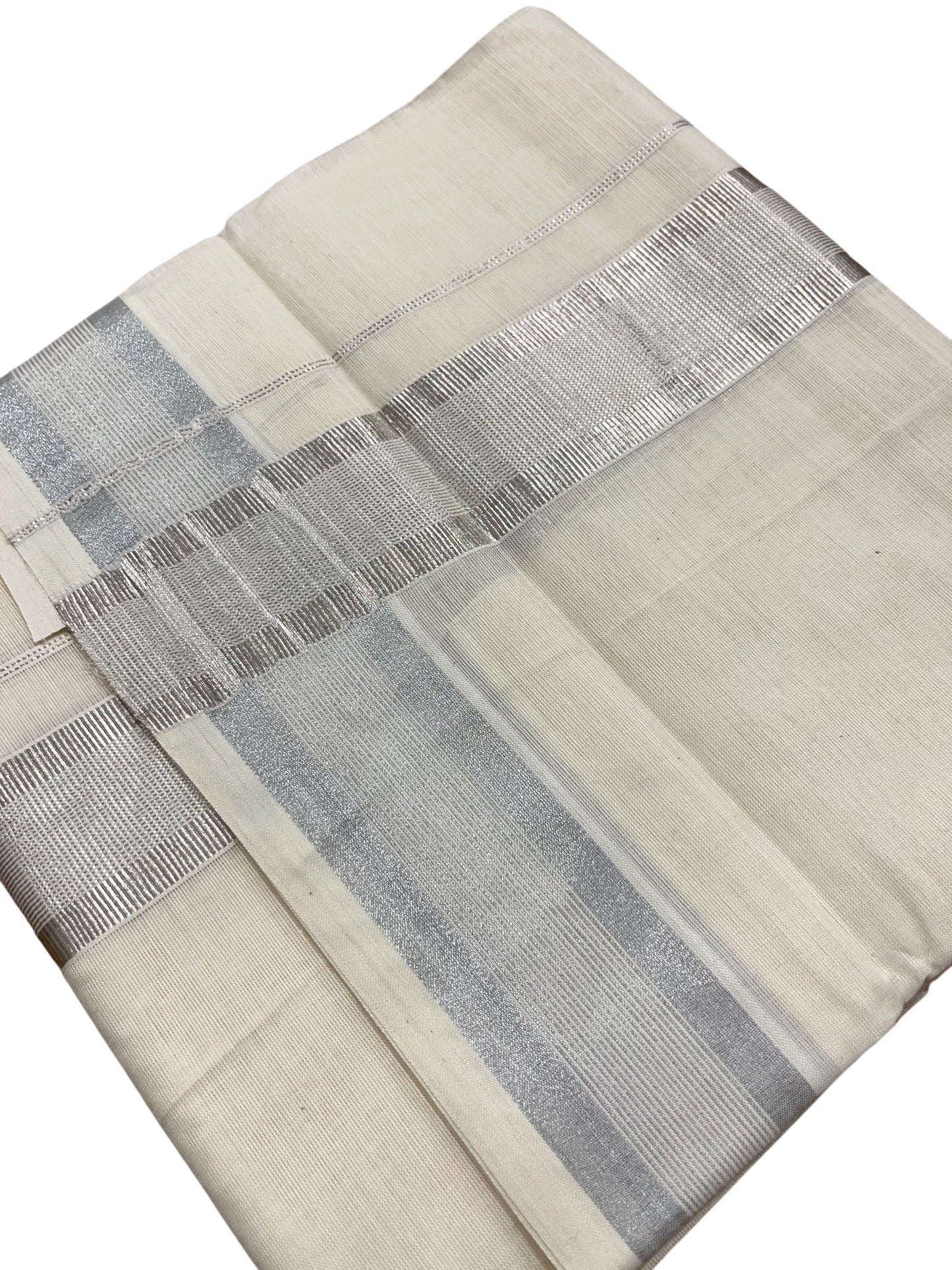Southloom Kerala Pure Cotton Double Mundu with Silver Lines and Silver Border (South Indian Dhoti)