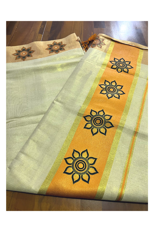 Kerala Tissue Kasavu Saree with Floral Block Prints in Orange Border