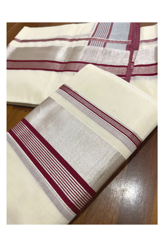 Kerala Cotton Mundum Neriyathum Single (Set Mundu) with Maroon and Silver Kasavu Border 2.80 Mtrs