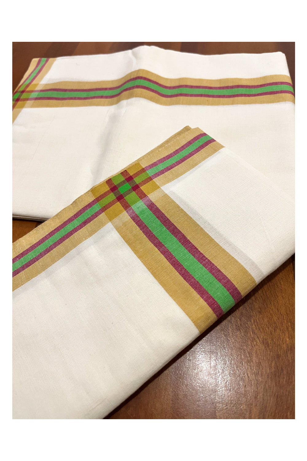 Kerala Mulloth Cotton Single Mundum Neriyathum with Yellow Green Border 2.80 Mtrs (Extra Soft Cotton)