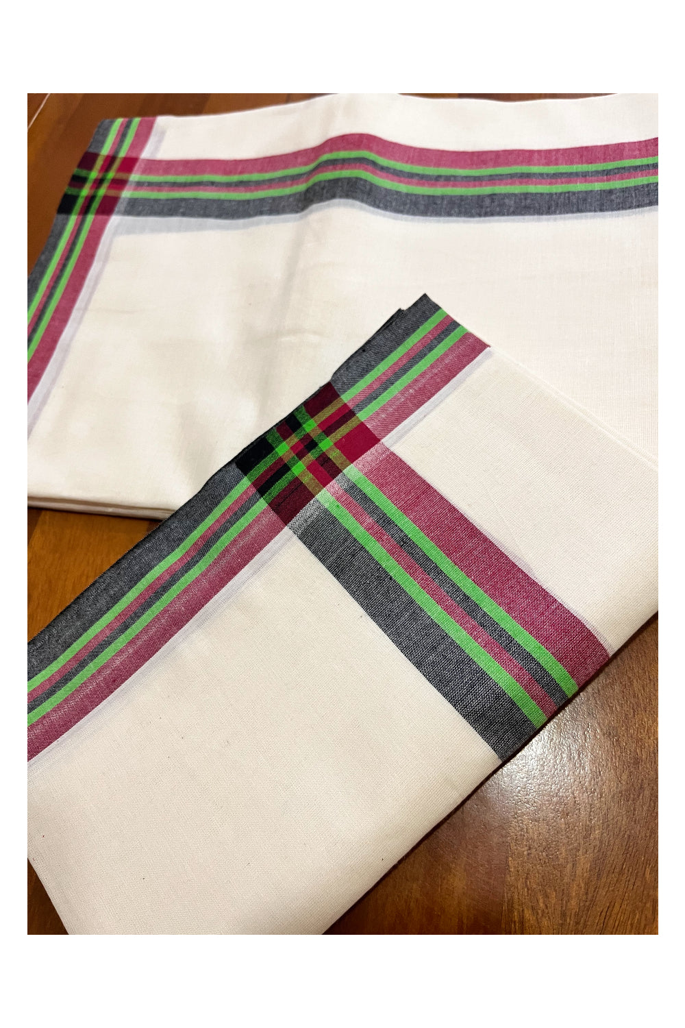 Kerala Mulloth Cotton Single Mundum Neriyathum with Maroon Black Green Border (Extra Soft Cotton)