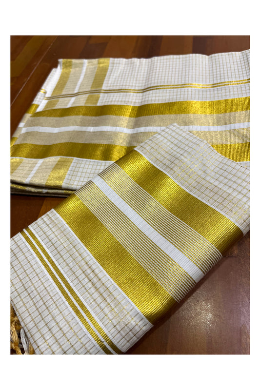 Pure Cotton Kasavu Set Mundu (Mundum Neriyathum) with Woven Check Design on Body and Tassels 2.50 Mtrs