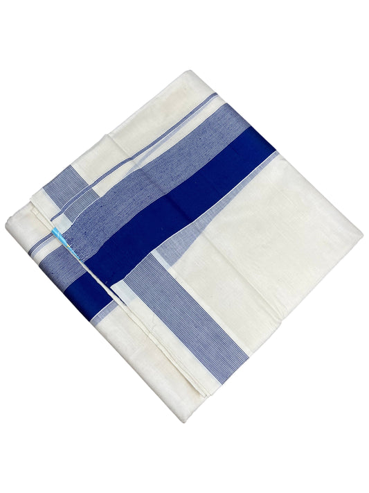 Southloom Kerala Pure Cotton Double Mundu with Blue Lines And Blue Border (South Indian Kerala Dhoti)