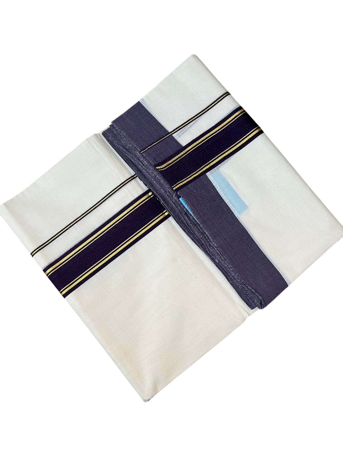 Southloom Pure Cotton Mundu with Golden Lines and Purple Border (South Indian Kerala Dhoti)