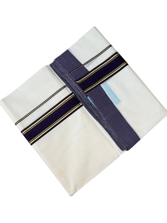 Southloom Pure Cotton Mundu with Golden Lines and Purple Border (South Indian Kerala Dhoti)