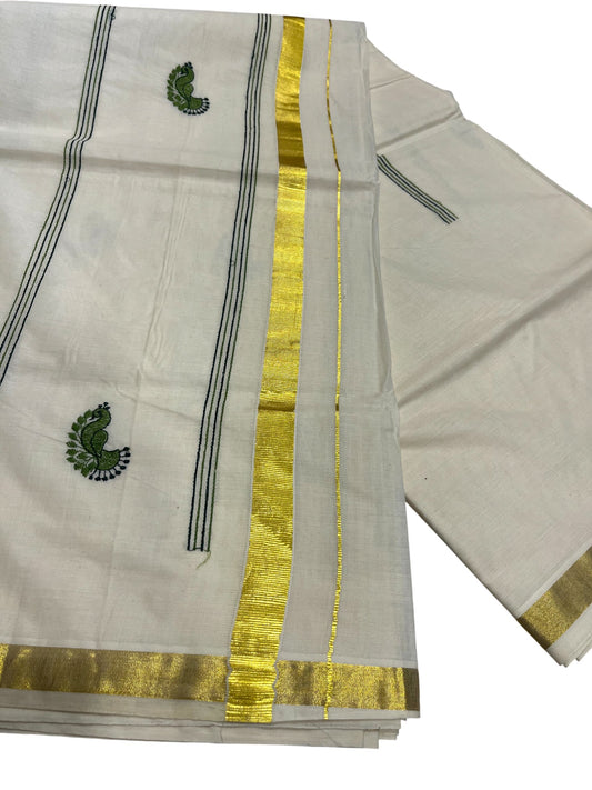 Southloom Kerala Cotton Kasavu Saree with Peacock Embroidery Works Across Body