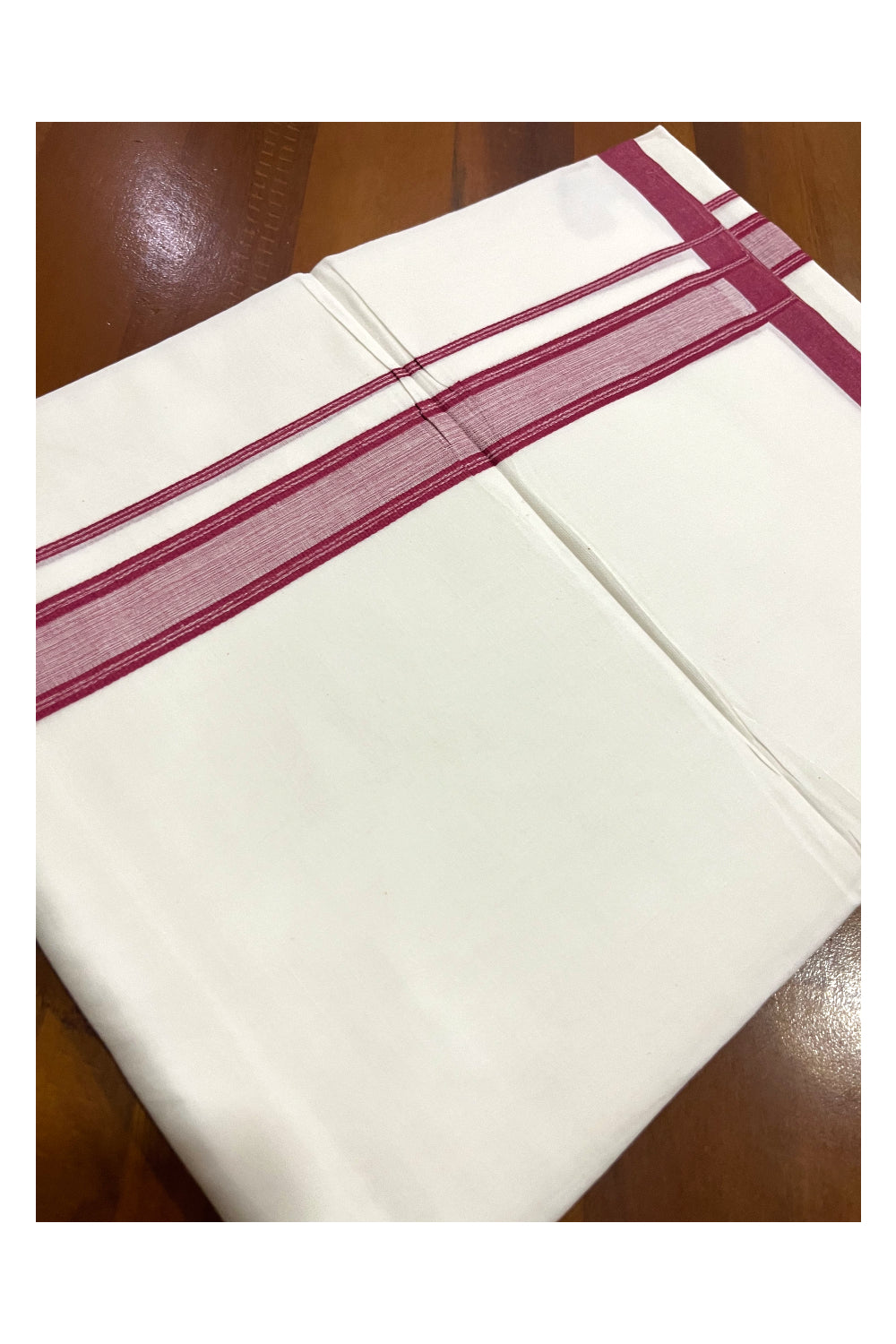 Pure White Cotton Double Mundu with Maroon Border (South Indian Kerala Dhoti)