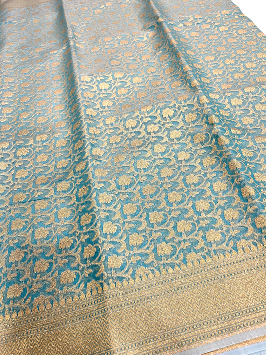 Southloom Cotton Banarasi Silk Saree with Woven Work on Body and Borders (Blue)