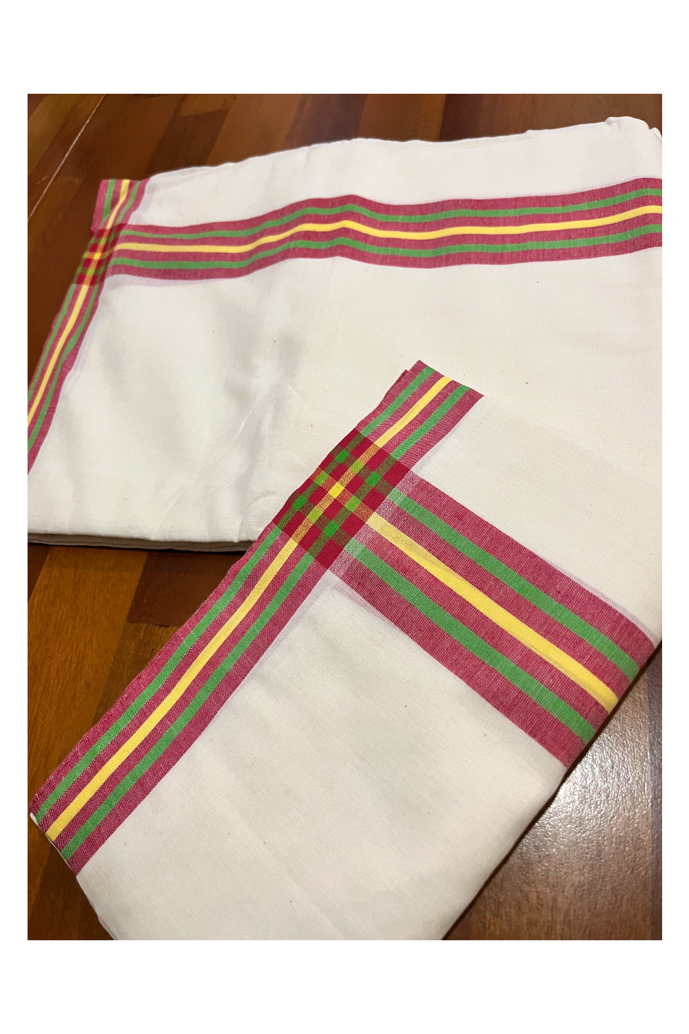 Kerala Mulloth Cotton Single Mundum Neriyathum with Red Green Yellow Border 2.80 Mtrs (Extra Soft Cotton)