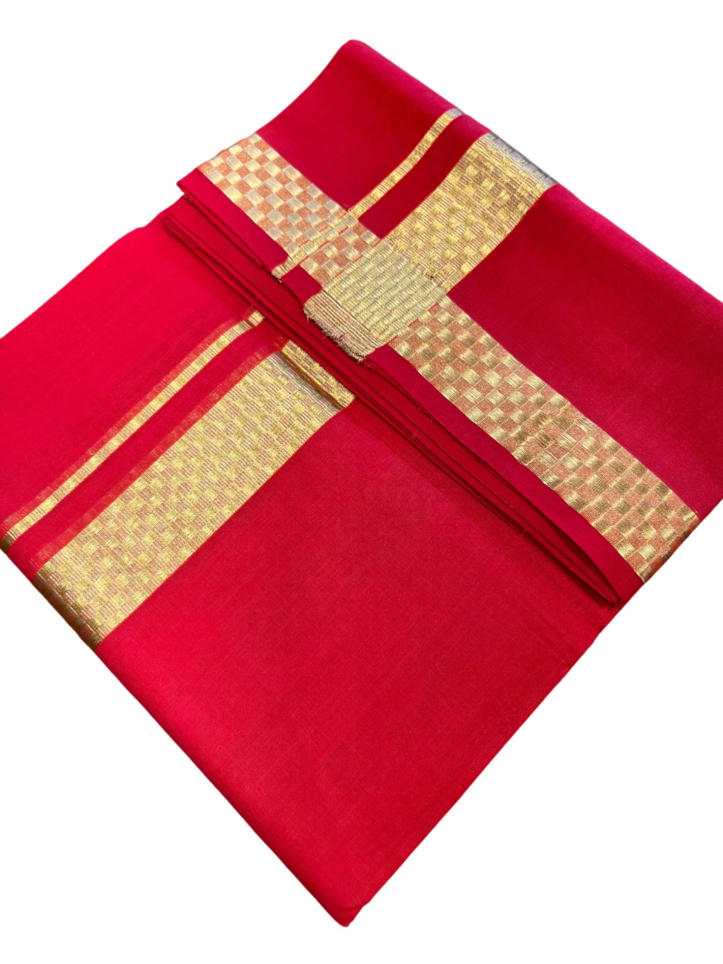 Southloom Premium Handloom Cotton Red Double Mundu with Gold Kasavu and Paa Neythu Border