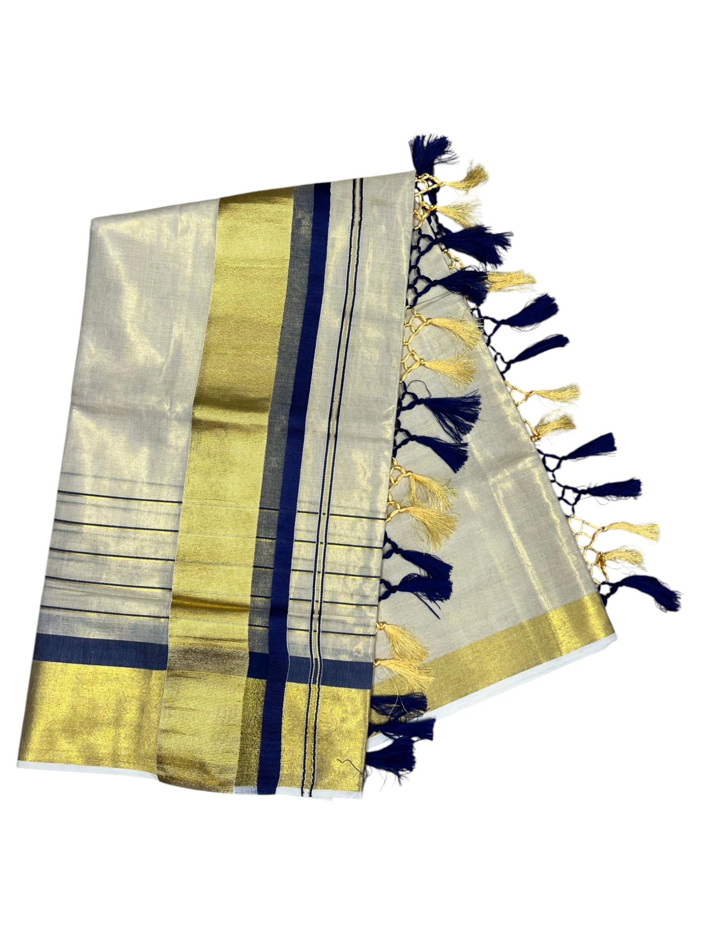 Southloom Kerala Tissue  Kasavu Saree with Stripes on Body with Blue Borders