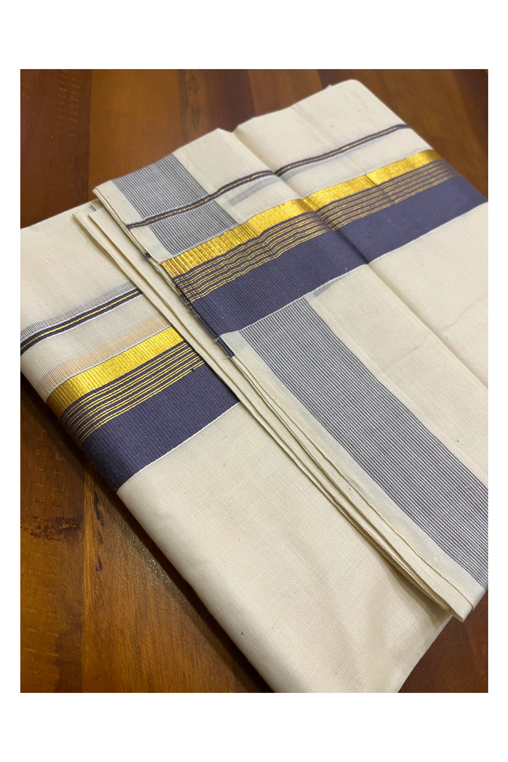 Kerala Pure Cotton Double Mundu with Grey and Kasavu Border (South Indian Kerala Dhoti)