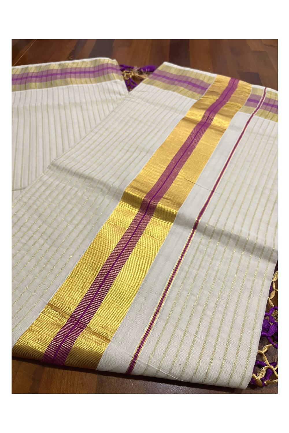 Pure Cotton Kerala Kasavu Lines Design Saree with Violet Border and Tassels Work (Onam Saree 2023)