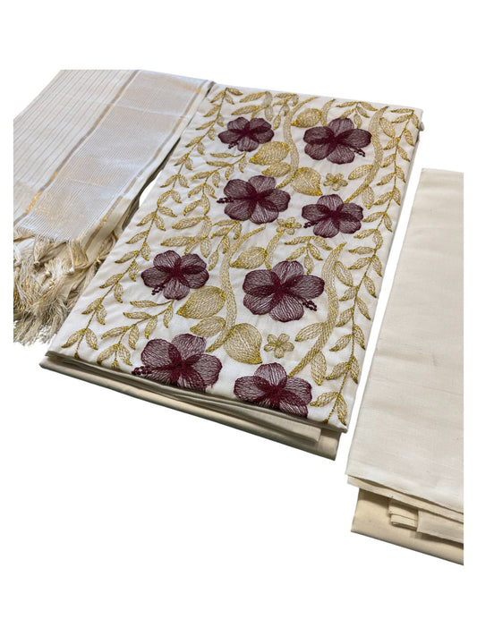 Southloom™ Cotton Churidar Salwar Suit Material with  Maroon Embroidery Work (include Lines Shawl / Dupatta)